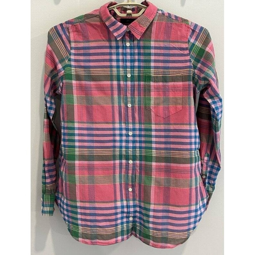 J Crew Classic Long Sleeve Button Front Shirt Pink Plaid Textured Stretch Size 8